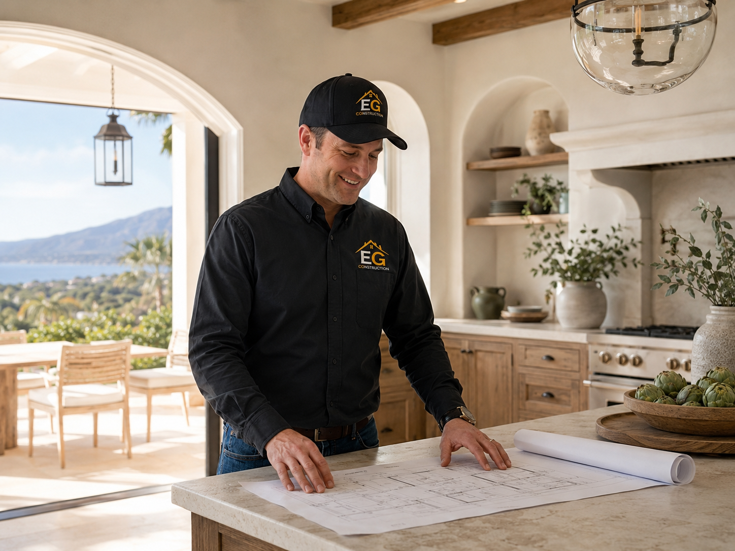 Contractor reviewing plans in a kitchen