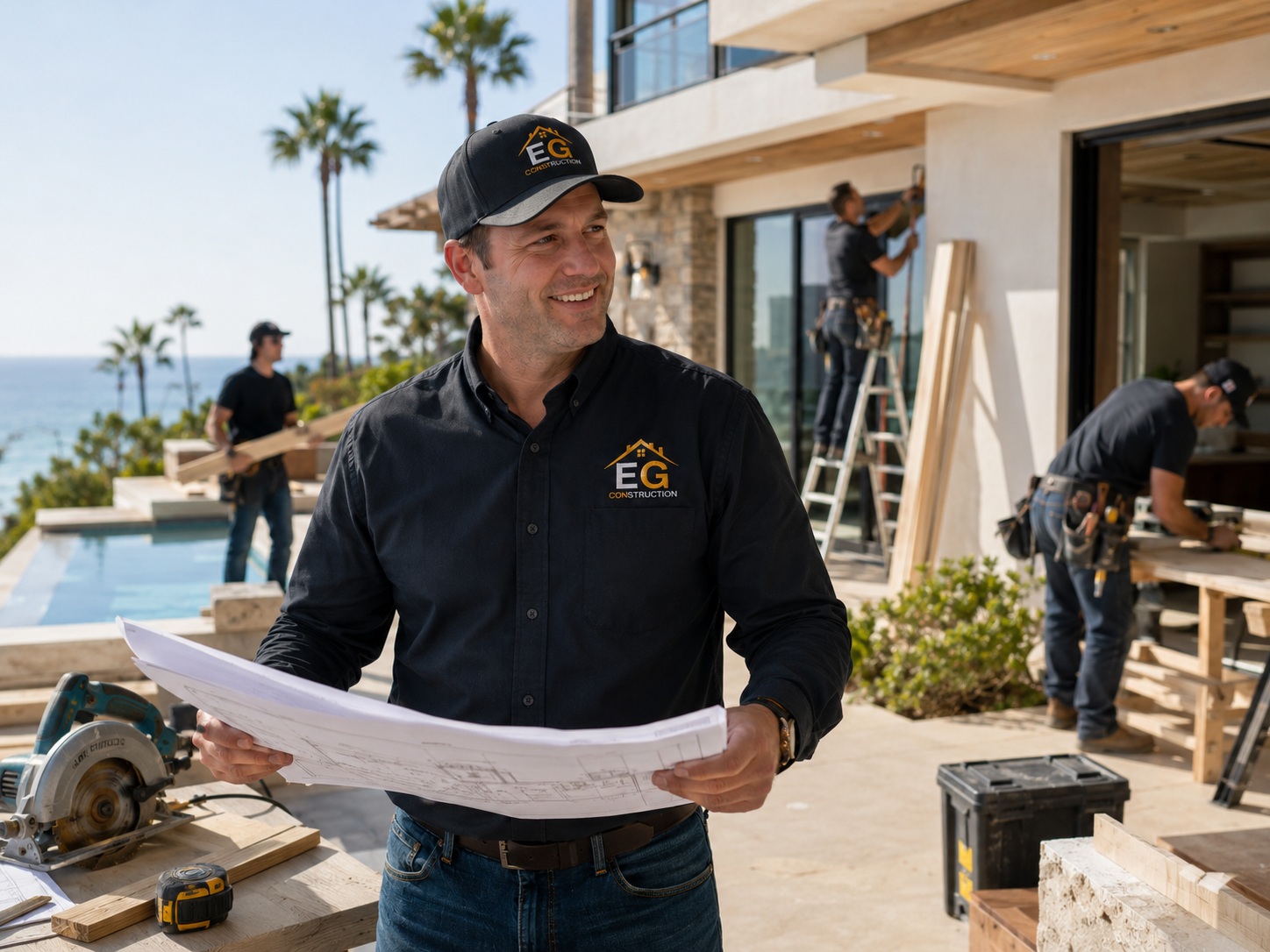 Contractor smiling while holding renovation plans